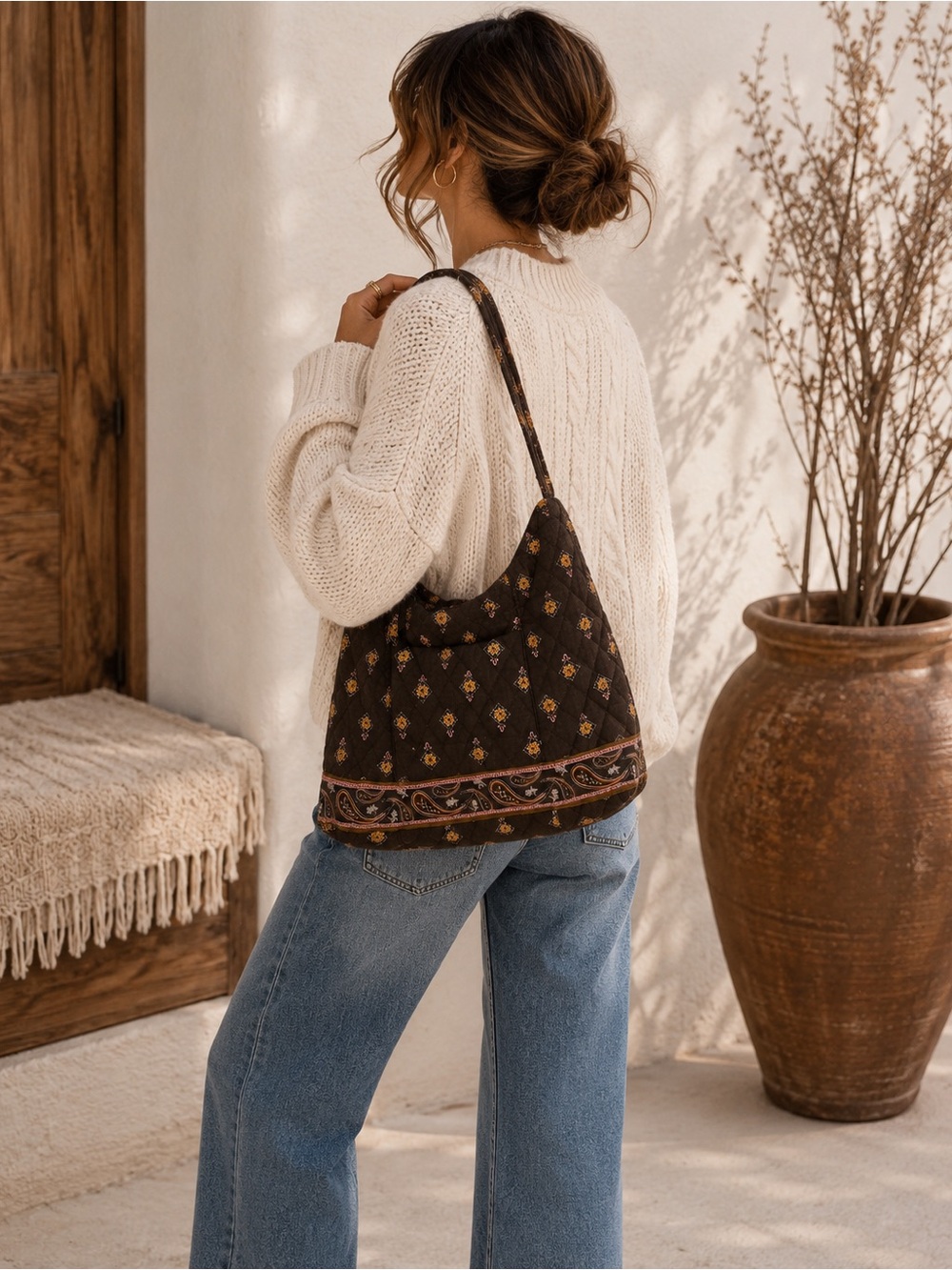 Tanyalee Design Quilted Green Taupe Floral Boho Shoulder Bag Cotton Hobo Purse